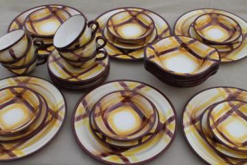 catalog photo of mid-century vintage Vernon Kilns Organdie brown & yellow plaid pottery dinnerware set for 6