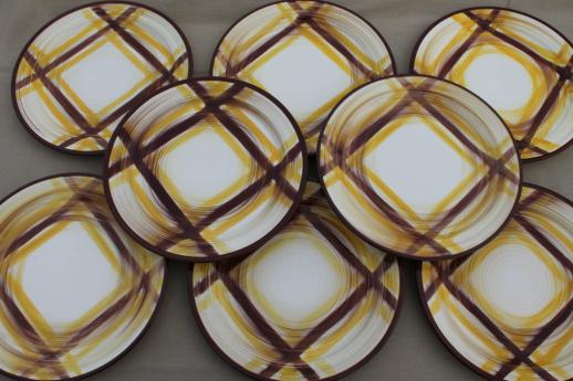 photo of mid-century vintage Vernon Kilns Organdie brown & yellow plaid pottery dinnerware, set of 8 plates #1