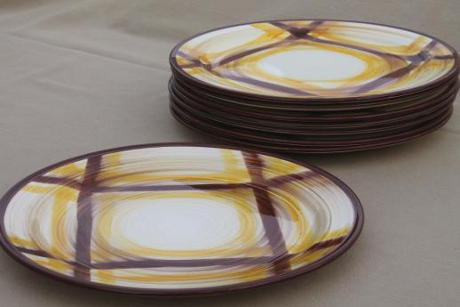 photo of mid-century vintage Vernon Kilns Organdie brown & yellow plaid pottery dinnerware, set of 8 plates #2