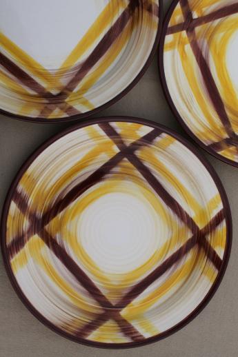 photo of mid-century vintage Vernon Kilns Organdie brown & yellow plaid pottery dinnerware, set of 8 plates #3