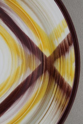 photo of mid-century vintage Vernon Kilns Organdie brown & yellow plaid pottery dinnerware, set of 8 plates #4