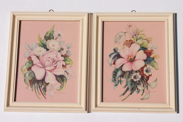 photo of mid-century vintage boudoir prints, floral pair in painted wood frames, shabby cottage chic #1