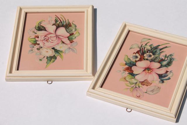 photo of mid-century vintage boudoir prints, floral pair in painted wood frames, shabby cottage chic #7