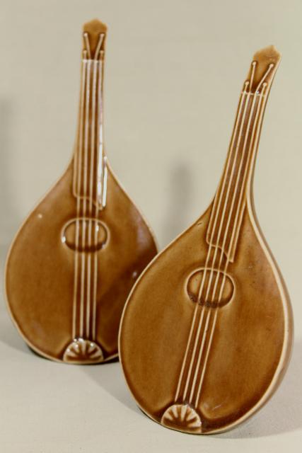 photo of mid-century vintage ceramic art pottery vases, pair of mandolin musical instruments #3