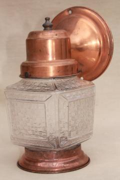 catalog photo of mid-century vintage copper lantern wall sconce light, exterior entry lighting 