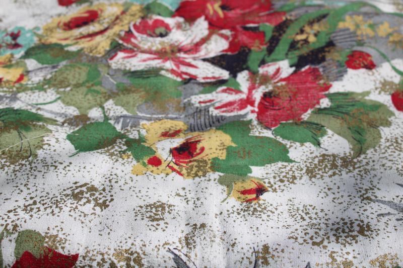 photo of mid-century vintage cotton barkcloth fabric, red & yellow roses floral w/ metallic gold #1