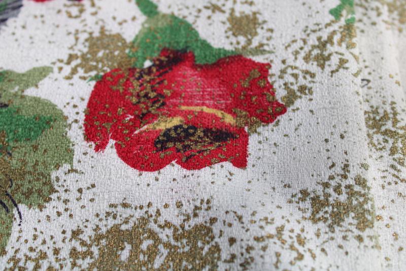 photo of mid-century vintage cotton barkcloth fabric, red & yellow roses floral w/ metallic gold #2