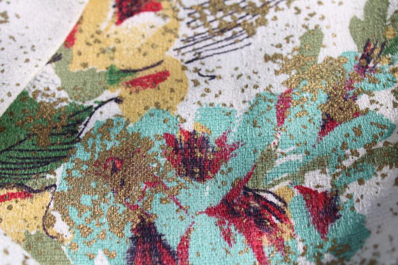 photo of mid-century vintage cotton barkcloth fabric, red & yellow roses floral w/ metallic gold #3