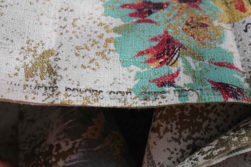 photo of mid-century vintage cotton barkcloth fabric, red & yellow roses floral w/ metallic gold #5