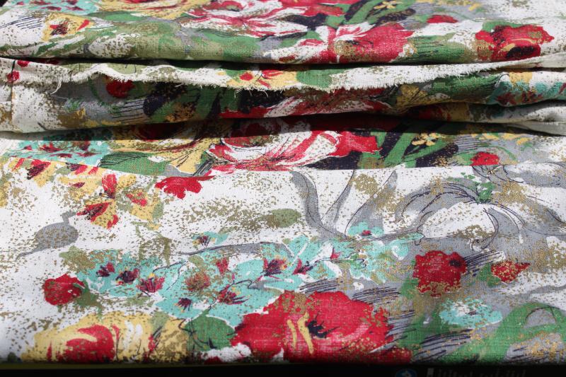 photo of mid-century vintage cotton barkcloth fabric, red & yellow roses floral w/ metallic gold #6