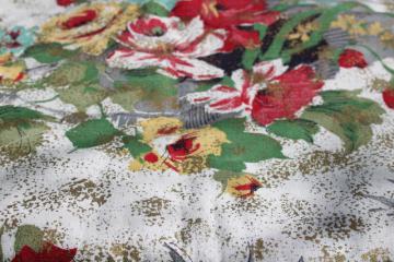 catalog photo of mid-century vintage cotton barkcloth fabric, red & yellow roses floral w/ metallic gold