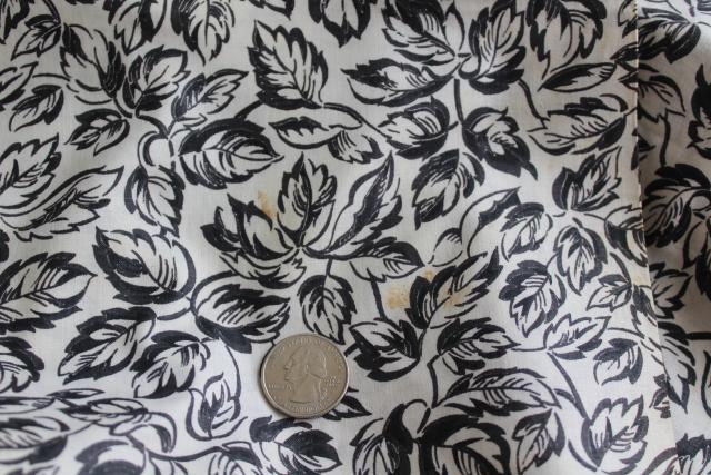 photo of mid-century vintage cotton fabric black & white rose leaf print dress / shirt material #4