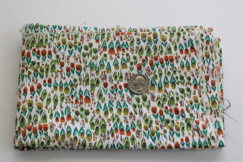 photo of mid-century vintage cotton fabric, tiny tulips floral print, rust orange, teal, lime green #1