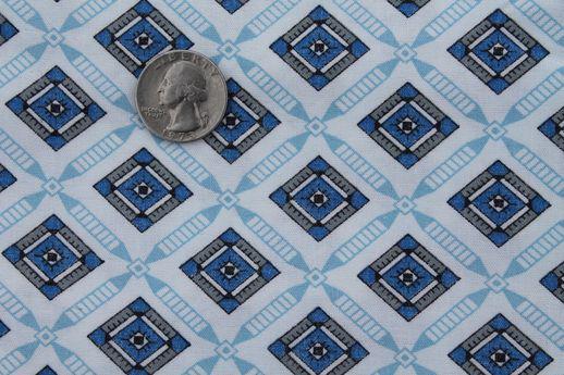 photo of mid-century vintage cotton fabric with blue & grey tile print pattern #1