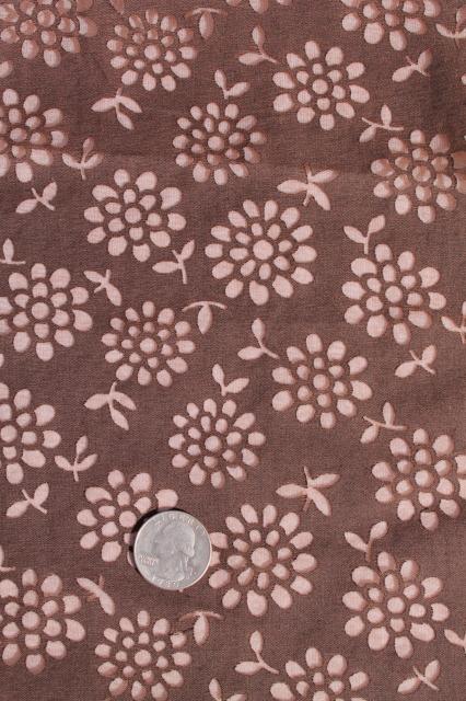 photo of mid-century vintage dress material fabric, chocolate brown w/ sheer flowers, zinnias #1