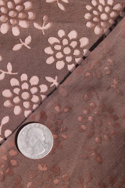 photo of mid-century vintage dress material fabric, chocolate brown w/ sheer flowers, zinnias #5