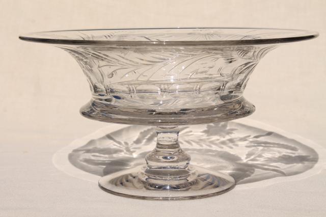 photo of mid-century vintage elegant crystal clear glass compote bowl, wheel cut etched pattern glass #1