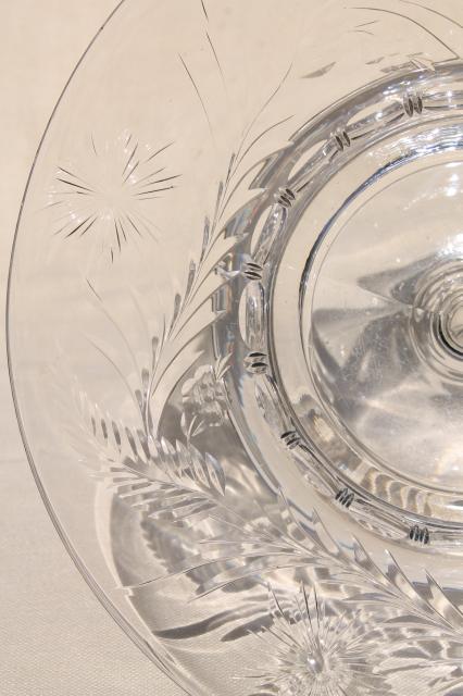 photo of mid-century vintage elegant crystal clear glass compote bowl, wheel cut etched pattern glass #5