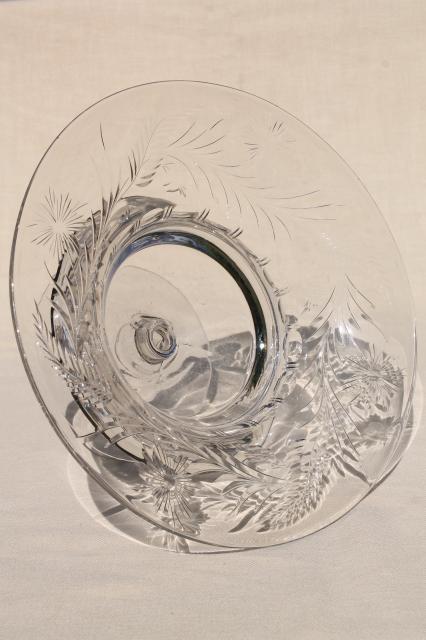 photo of mid-century vintage elegant crystal clear glass compote bowl, wheel cut etched pattern glass #6