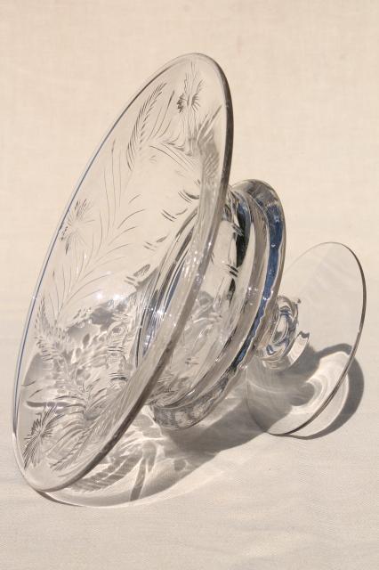 photo of mid-century vintage elegant crystal clear glass compote bowl, wheel cut etched pattern glass #8