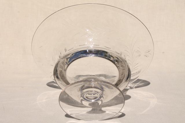 photo of mid-century vintage elegant crystal clear glass compote bowl, wheel cut etched pattern glass #10