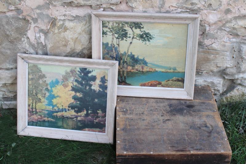 photo of mid-century vintage framed prints, paint by number style western wilderness landscapes #1