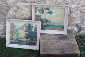 catalog photo of mid-century vintage framed prints, paint by number style western wilderness landscapes