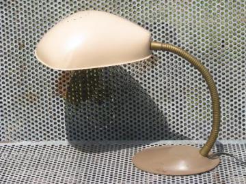 catalog photo of mid-century vintage gooseneck desk light, metal helmet lamp shade