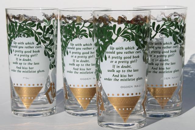 photo of mid-century vintage holiday glasses w/ Christmas mistletoe, Ogden Nash witty verse #1