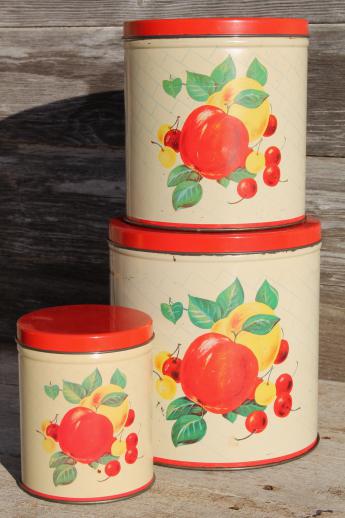 photo of mid-century vintage metal kitchen canisters w/ bright fruit print, retro canister set #1