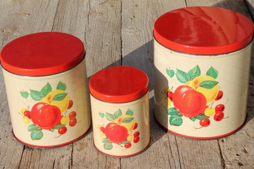 photo of mid-century vintage metal kitchen canisters w/ bright fruit print, retro canister set #2