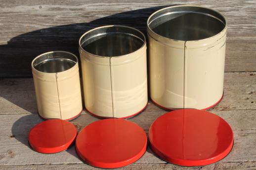 photo of mid-century vintage metal kitchen canisters w/ bright fruit print, retro canister set #4