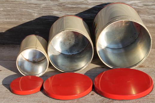 photo of mid-century vintage metal kitchen canisters w/ bright fruit print, retro canister set #5