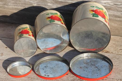 photo of mid-century vintage metal kitchen canisters w/ bright fruit print, retro canister set #7