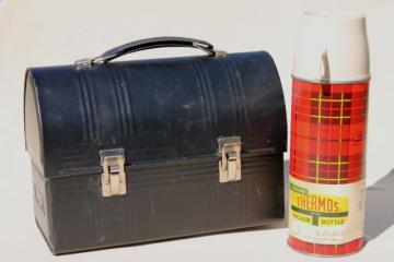 catalog photo of mid-century vintage metal lunchbox, lunch pair w/ red plaid coffee thermos bottle