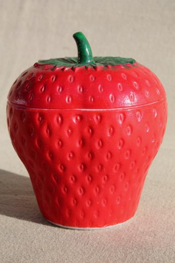 photo of mid-century vintage milk glass red strawberry jam pot / jam jar #1