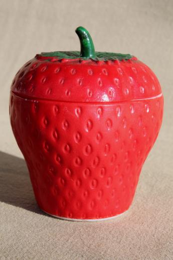 photo of mid-century vintage milk glass red strawberry jam pot / jam jar #3