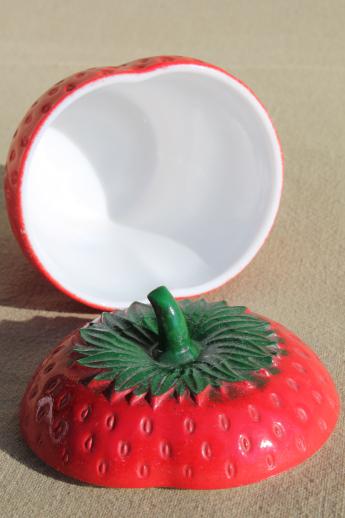 photo of mid-century vintage milk glass red strawberry jam pot / jam jar #4