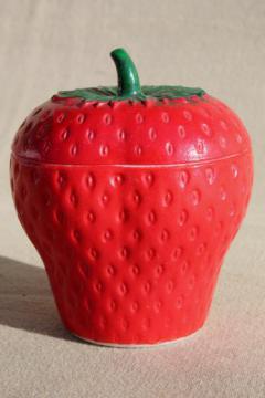 catalog photo of mid-century vintage milk glass red strawberry jam pot / jam jar