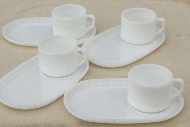 photo of mid-century vintage milk glass soup & sandwich sets, oval tray plates & mug bowls #1