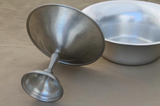 photo of mid-century vintage pewter aluminum serving pieces, mod bowl & pedestal dish #5