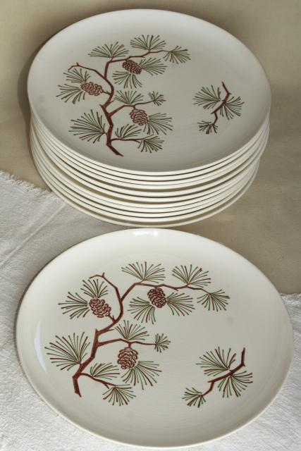 photo of mid-century vintage pine pinecone dinner plates, Stetson china retro camp cabin decor #1