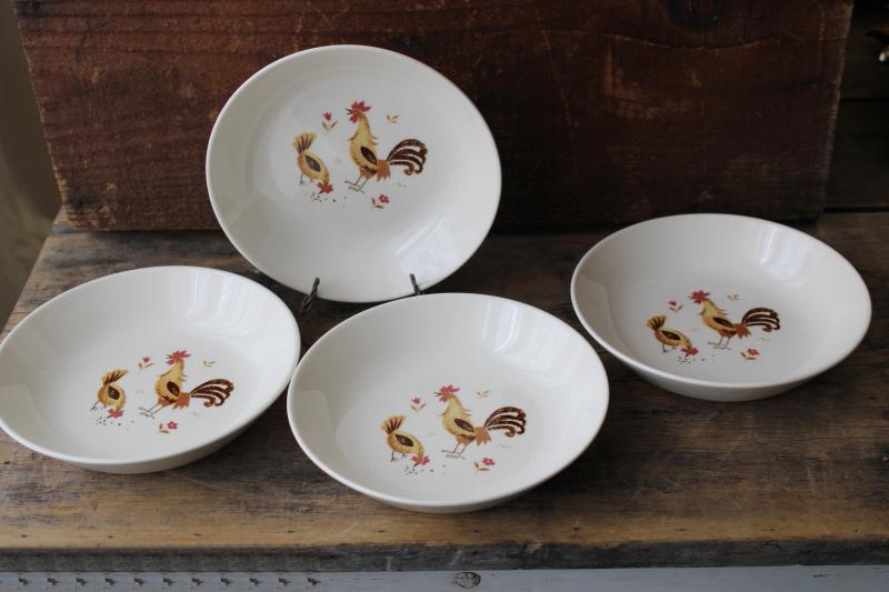photo of mid-century vintage pottery cereal bowls, top oâ€™ the morn chanticleer rooster & hen #1