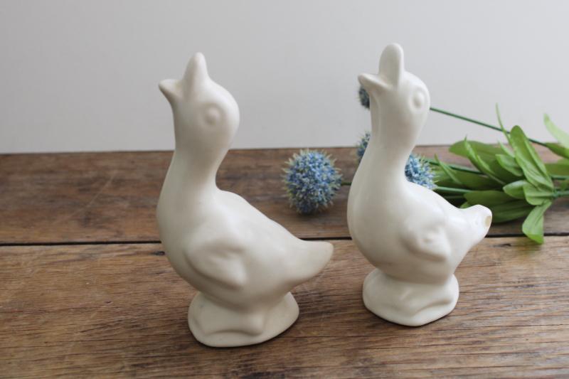 photo of mid-century vintage pottery, matte white ceramic ducks or geese figurines #1