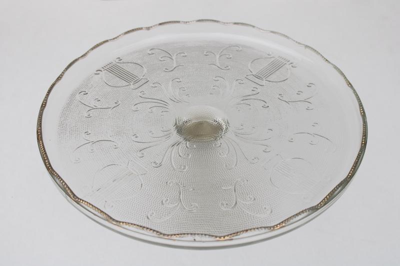 photo of mid-century vintage pressed glass cake stand, celtic harp pattern Jeannette glass #1