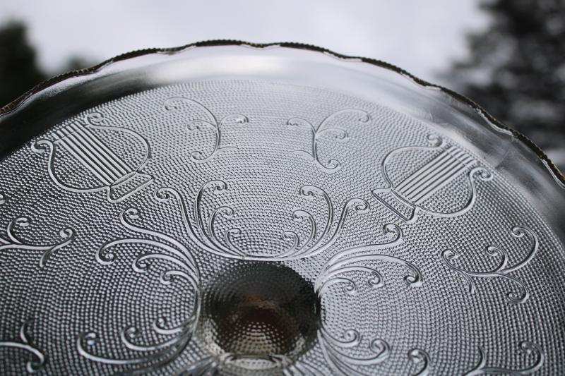 photo of mid-century vintage pressed glass cake stand, celtic harp pattern Jeannette glass #2