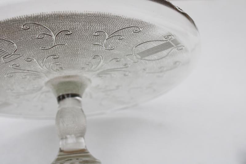 photo of mid-century vintage pressed glass cake stand, celtic harp pattern Jeannette glass #3