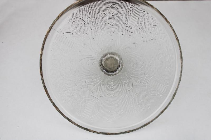 photo of mid-century vintage pressed glass cake stand, celtic harp pattern Jeannette glass #6