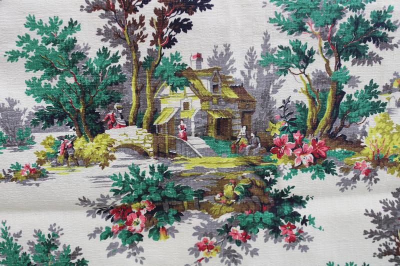 photo of mid-century vintage print cotton barkcloth fabric, french country cottage scenes #1