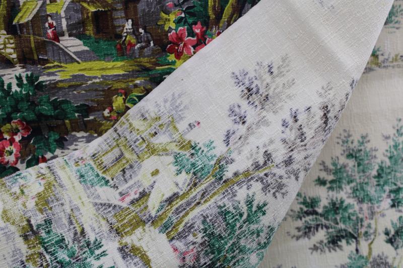 photo of mid-century vintage print cotton barkcloth fabric, french country cottage scenes #2